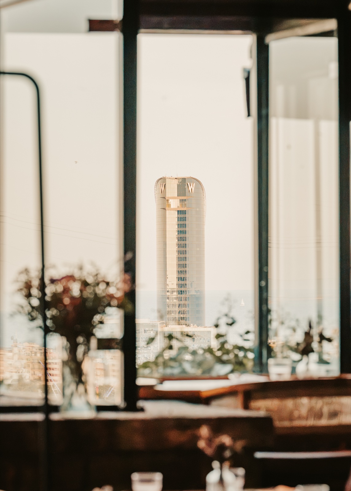 The W Hotel seen through a window, past a vase of flowers