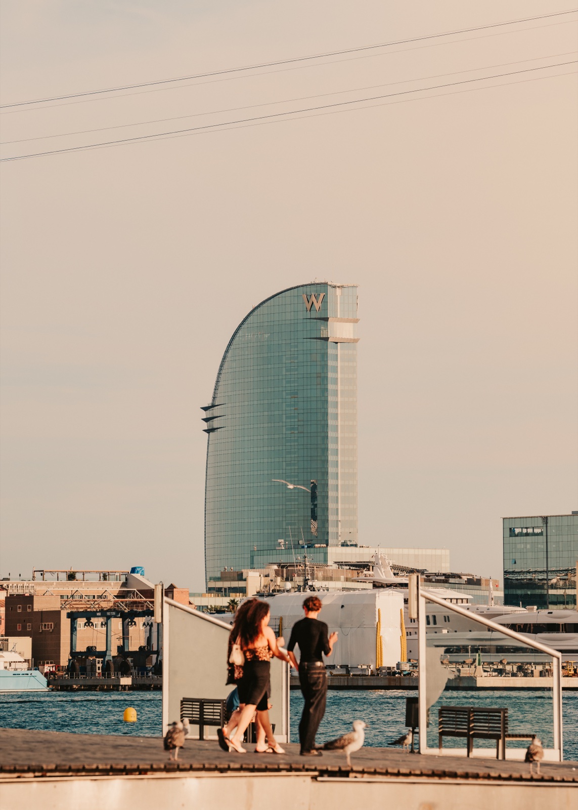 A couple walking along the waterfront among gulls, with the W Hotel beyond
